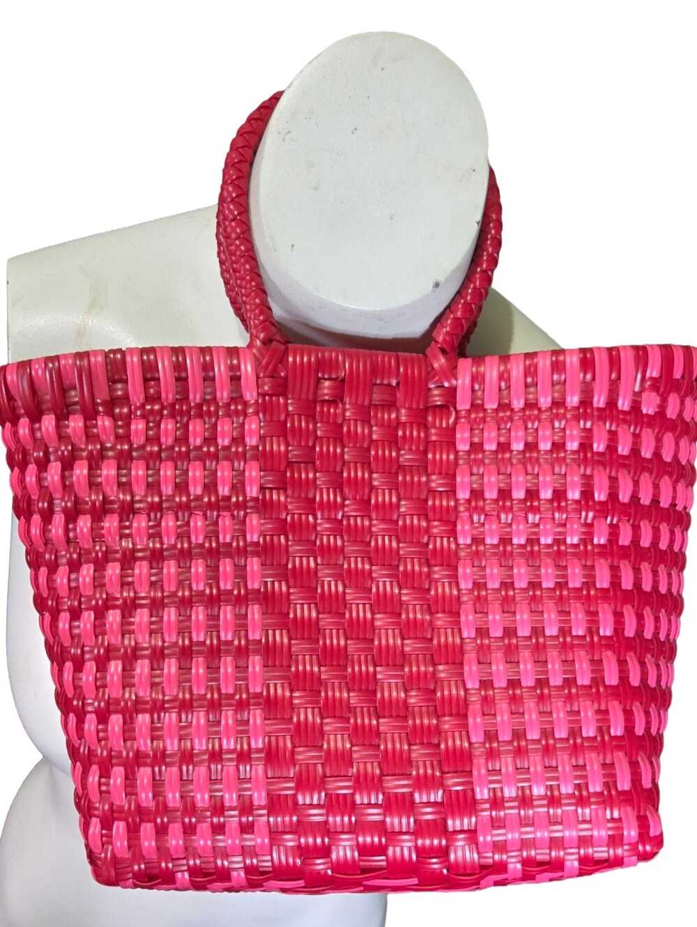 Mini Handwoven Pink Plastic Market Tote Basket Beach Bag Small Reusable Tote
